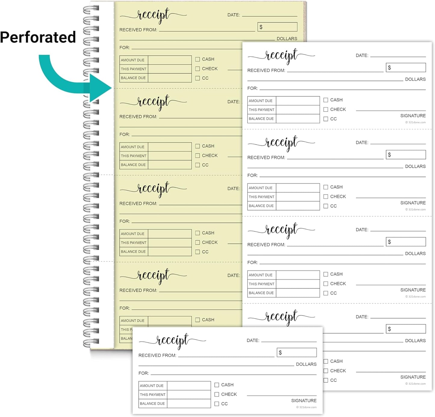 321Done Receipt Book, 11x6 2-Part Carbonless Spiral Bound, Made in USA, 4 Receipts per Page, 50 White/Yellow Pages, 200 Sets per Book, Receipt Book with Carbon Copies for Small Business
