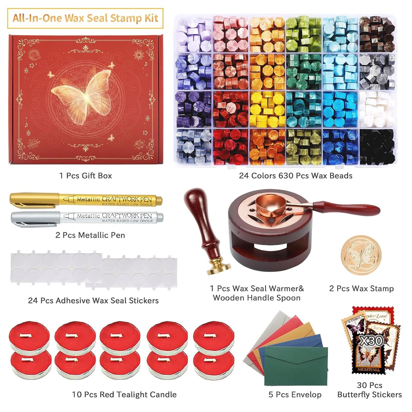 Wax Seal Kit with Gift Box, 630 Pcs 24 Color Sealing Beads, Butterfly Stamp, Sealing Wax Warmer, Envelopes, Adhesive Stickers for Gift and Decoration (Classical Butterfly)