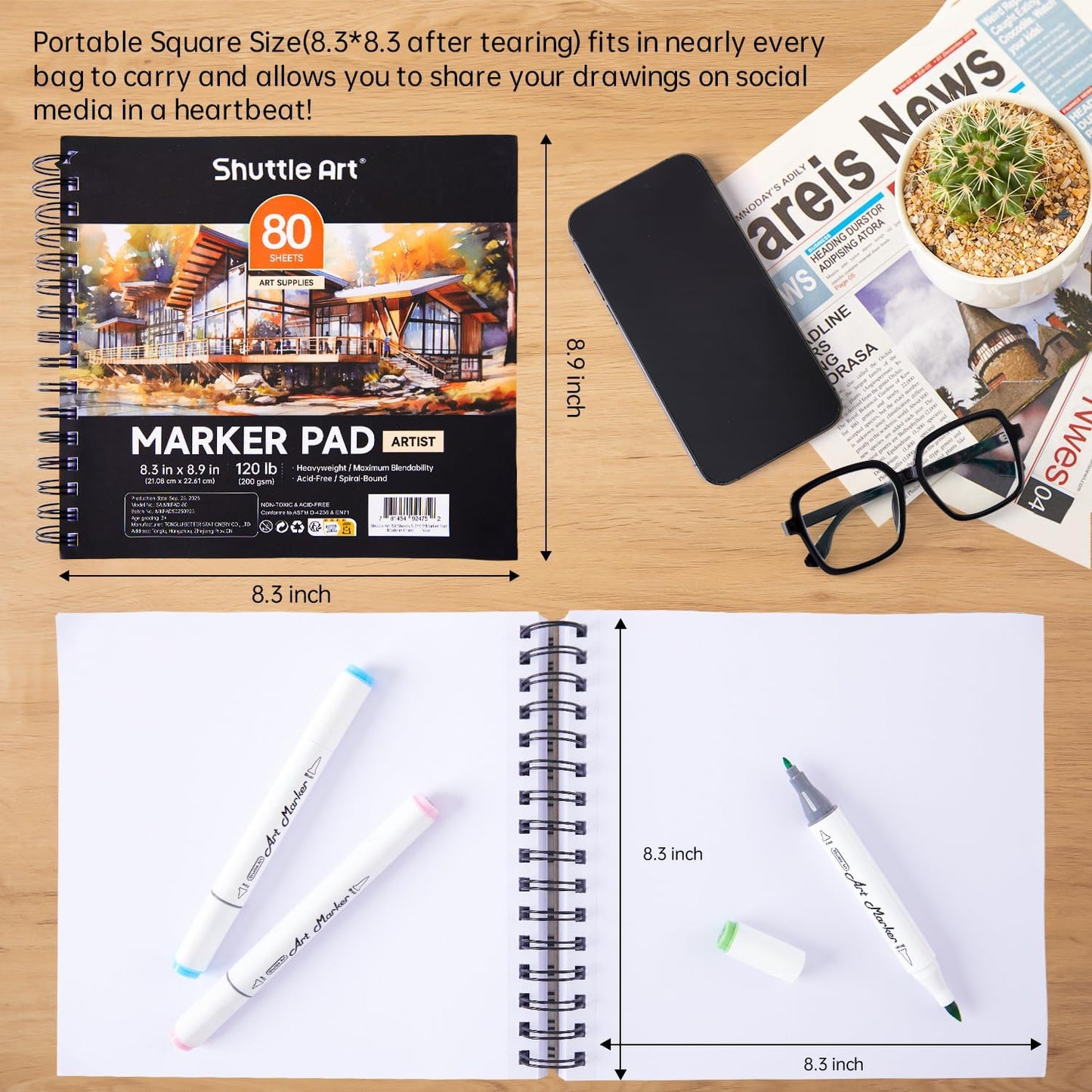Shuttle Art Marker Pad, 8.3”x8.9” Portable Square Sketchbook, 80 Sheets Marker Drawing Paper, 120LB/200GSM Bleedproof Art Paper, Spiral-Bound, Great for Professional Artist to Draw, Paint & Sketch