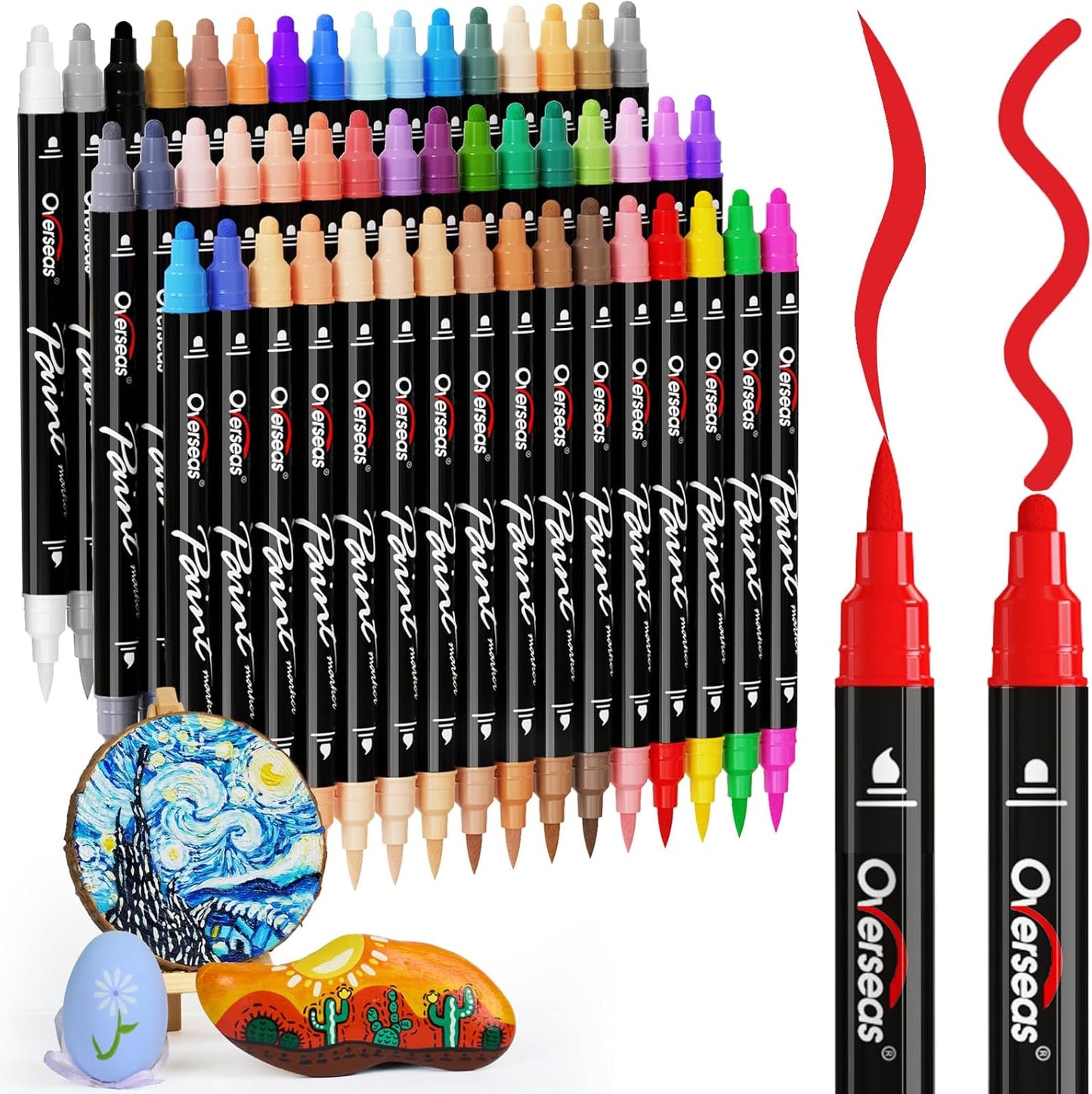 Overseas 48 Dual-Tip Acrylic Paint Markers Pens - Acrylic Paint Pens with Brush and Dot Tip, No Bleeding Coloring Marker for Wood, Rock, Glass, Metal, Ceramic, Plastic, Fabric, Teacher Supplies