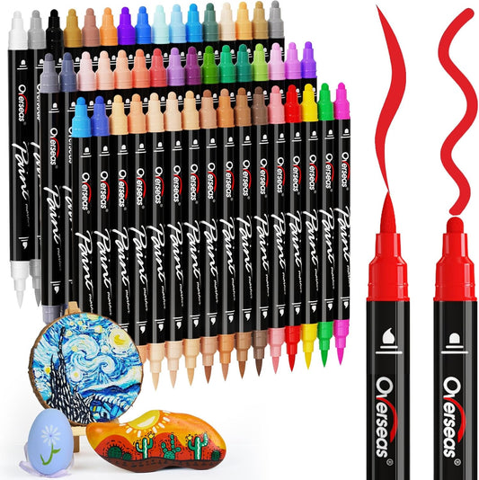Overseas 48 Dual-Tip Acrylic Paint Markers Pens - Acrylic Paint Pens with Brush and Dot Tip, No Bleeding Coloring Marker for Wood, Rock, Glass, Metal, Ceramic, Plastic, Fabric, Teacher Supplies