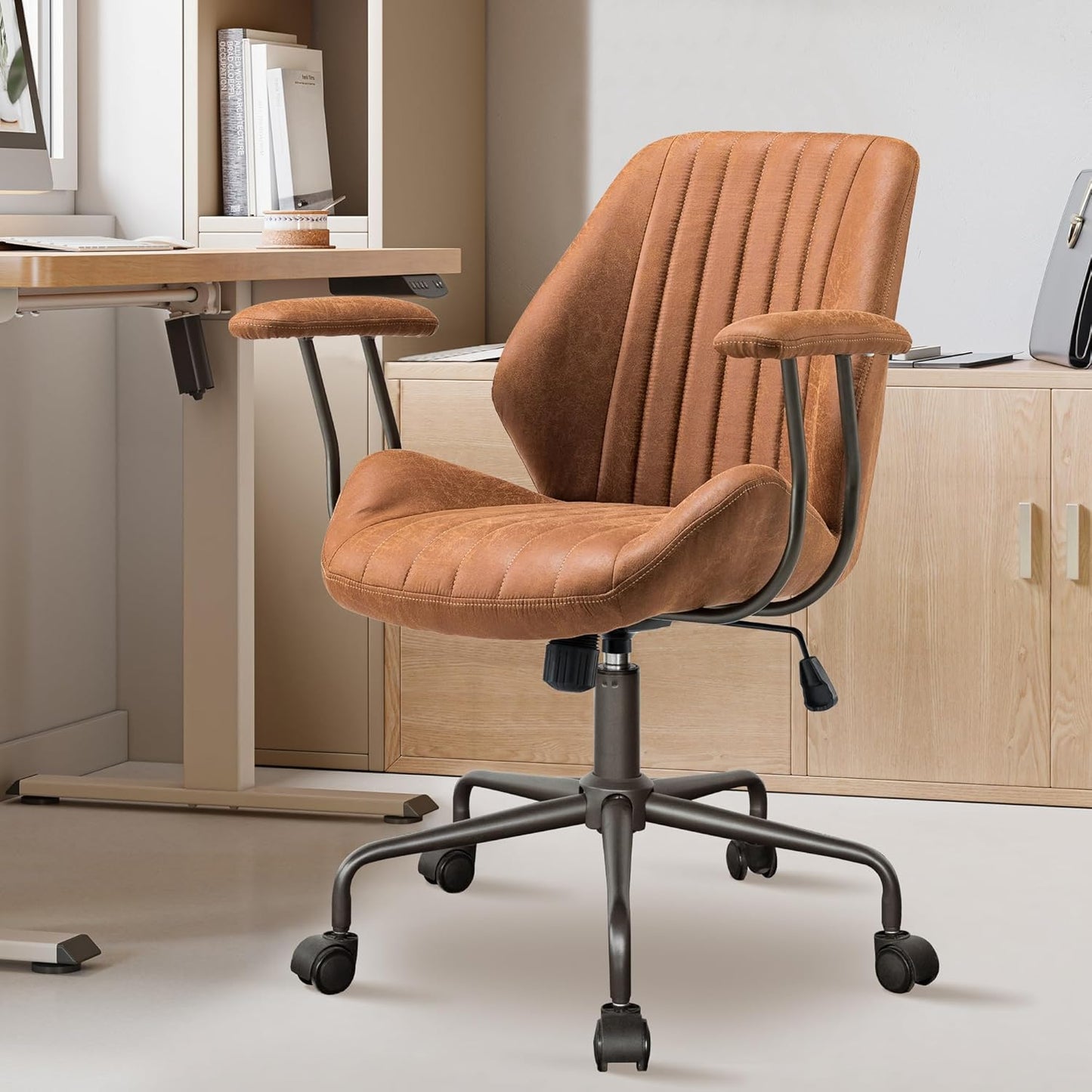 Mid Century Modren Office Chair - Mid Back Swivel Executive Chair with Lumbar Support,Ergonomic Computer Desk Chair with Wheels,Faux Lether Suede Task Chair,350lbs (Brown, Mid Back)