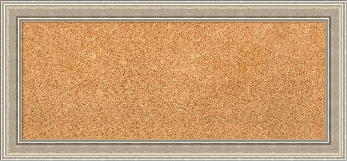 Amanti Art Natural Cork Board for Wall, 16x34 Vision Board with Silver Wood Frame, Medium Corkboard Office Decor for Home Organization, Modern Contemporary Corkboard Pinboard to display items for home