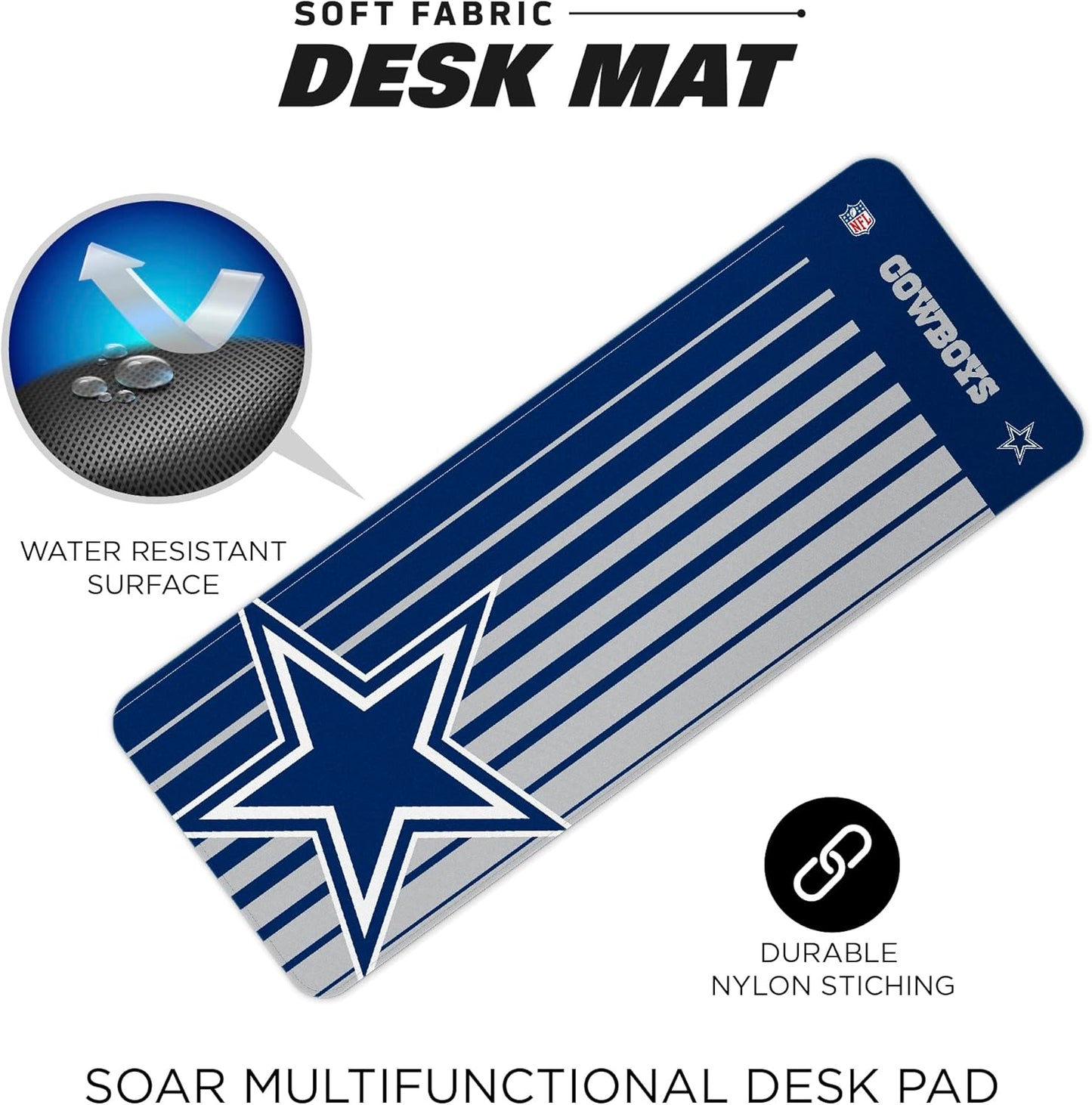 SOAR NFL Unisex Multifunctional Desk Mat for Desktop, (31.5"x12") - Ultra Soft Fabric with Non-Slip Rubber Backer - Water Resistant & Durable Nylon Stitching - Officially Licensed NFL, Desk Pad