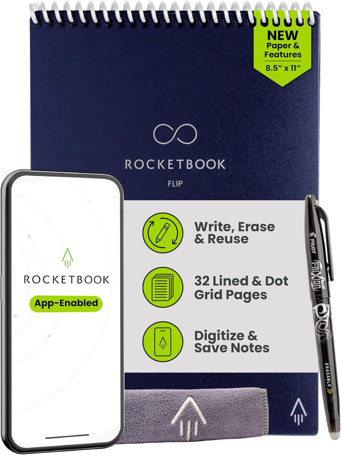 Rocketbook Flip Reusable Smart Notepad, Top Bound Notebook Letter Size 8.5x11, Navy Blue - Lined and Dotted Pages, App-Connected, Erasable, Ideal for Righties and Lefties