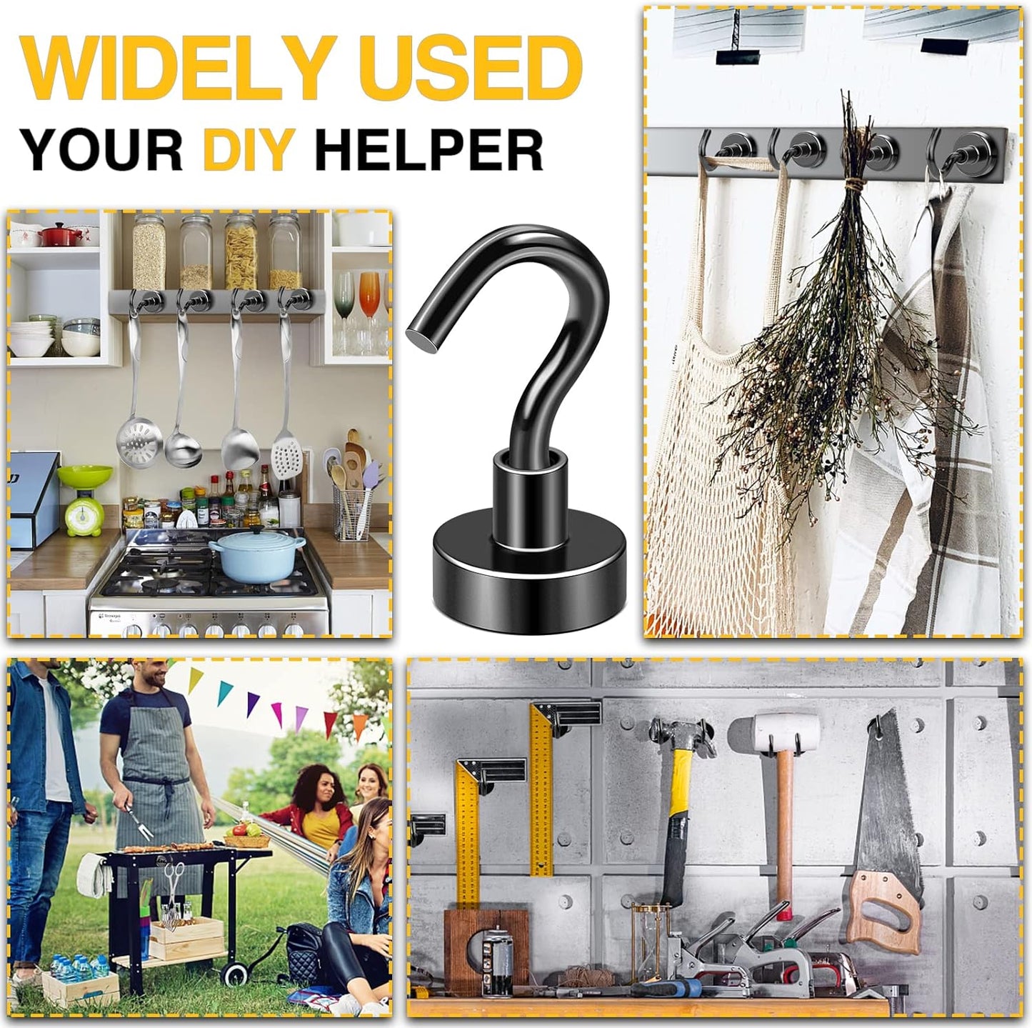 DIYMAG Magnetic Hooks for Refrigerator, Extra Strong Cruise Hook, Heavy Duty Earth Magnets with Hook for Hanging, Magnetic Hanger for Cabins, Grill (45P-Black)