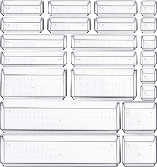 Criusia 22 Pcs Drawer Organizer Bins, Acrylic Non Slip Kitchen Drawer Organizers Storage Tray Divider, Multifunctional Storage for Cosmetics, Bathroom, Tools, Kitchen and Office