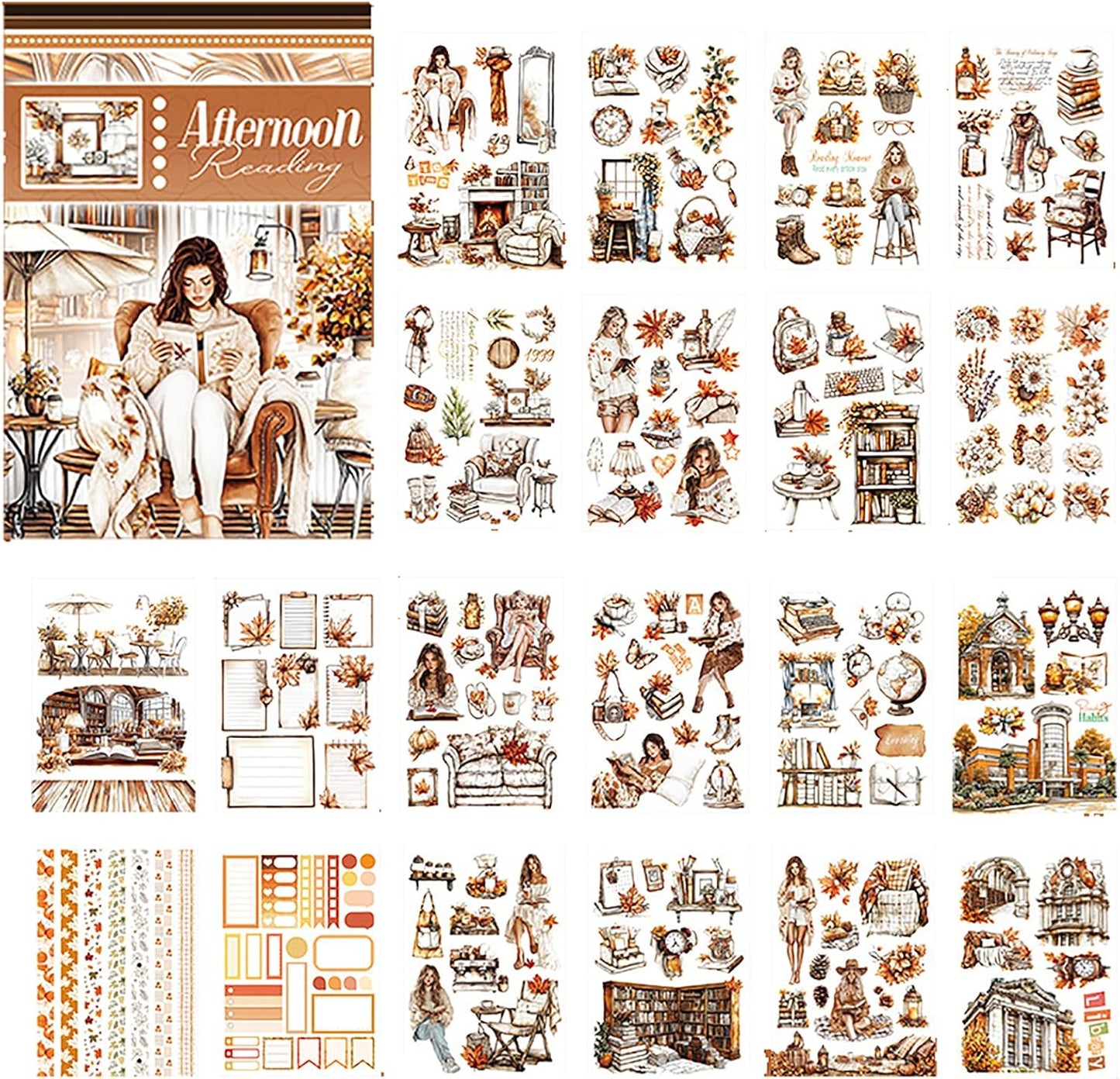 A5 Size Journaling Stickers -200 Pre-Cut Washi Stickers for Junk Journal & Scrapbooking Transparent Reading Girls Journal Sticker