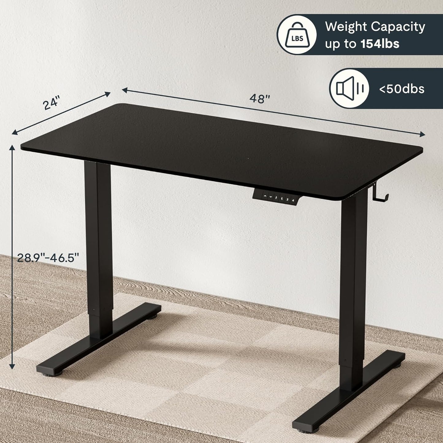 FLEXISPOT EN1 Whole-Piece Standing Desk 48 x 24 Inches Electric Height Adjustable Desk for Home Office (Black Frame + Black Table Top)