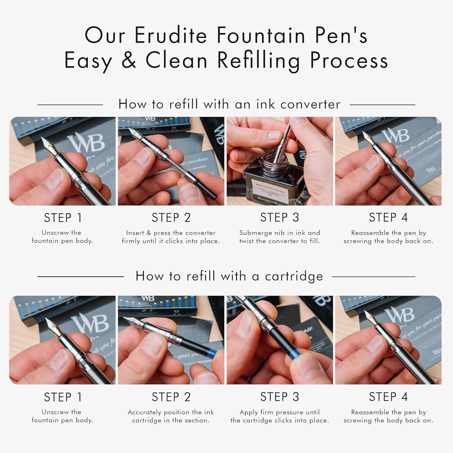 Wordsworth & Black Fountain Pen Set, Extra Fine Nib, Includes 24 Pack Ink Cartridges, Ink Refill Converter & Gift Pouch, Chrome Finish, Calligraphy, [Silver Chrome], Perfect for Men & Women