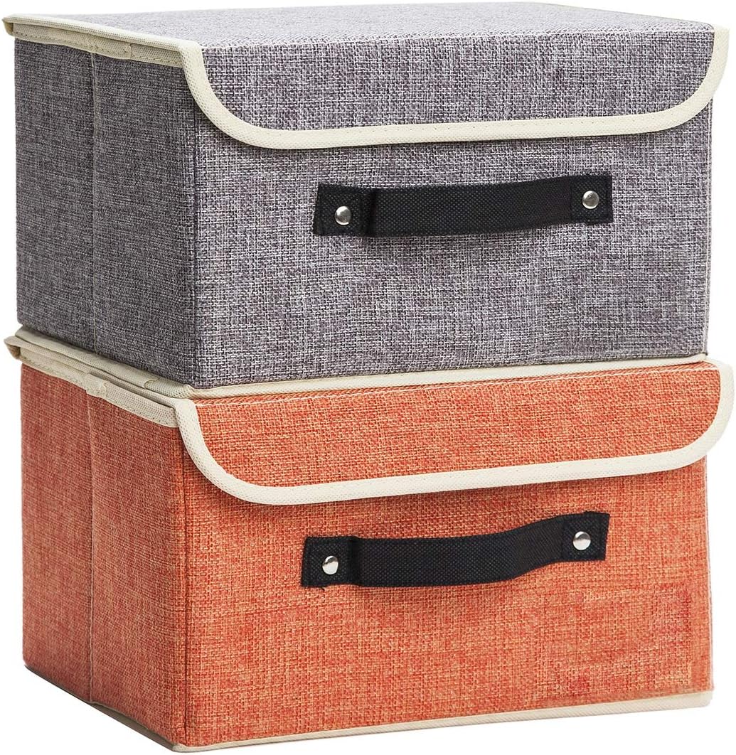 Small Storage Boxes with Lids 2 Pack Linen Collapsible Cube Storage Basket with Handle & Label, Jane's Home Foldable Fabric Storage bins for Shelf & Closet to storage Clothes & Toys