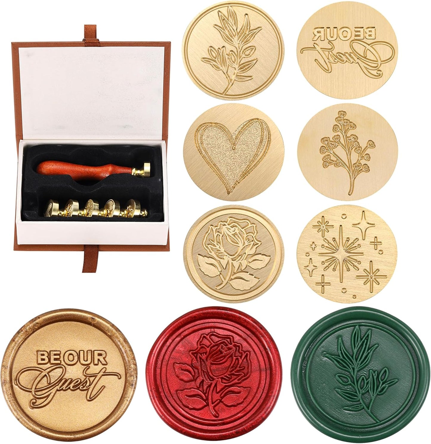 Yoption 6 Pcs Wax Seal Stamp Set, Be Our Guest, Star, Heart, Plant Sealing Stamps Kit with Wooden Handle and Brass Head for Wedding Christmas Greeting Cards Gift