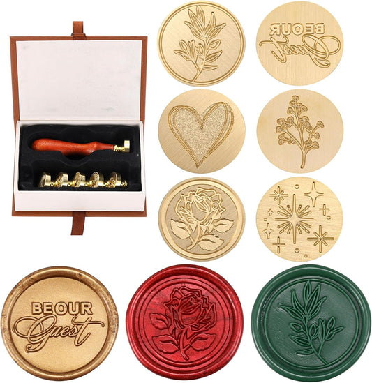 Yoption 6 Pcs Wax Seal Stamp Set, Be Our Guest, Star, Heart, Plant Sealing Stamps Kit with Wooden Handle and Brass Head for Wedding Christmas Greeting Cards Gift