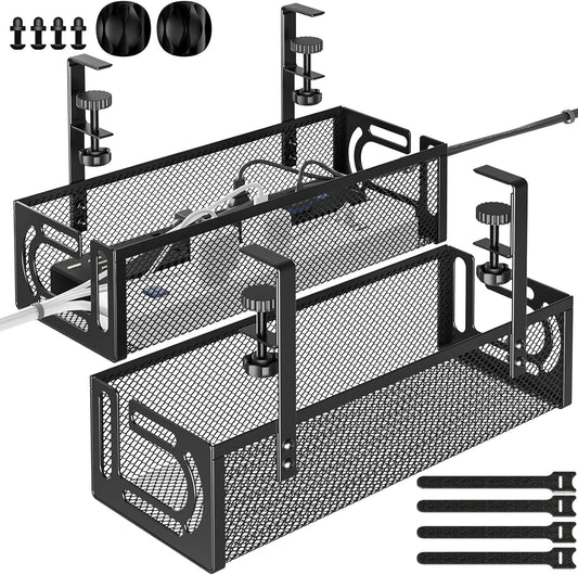Under Desk Cable Management Tray, 15.7'' No Drill Steel Desk Cable Organizers, Wire Management Tray Cable Management Rack (2 Packs-Black)