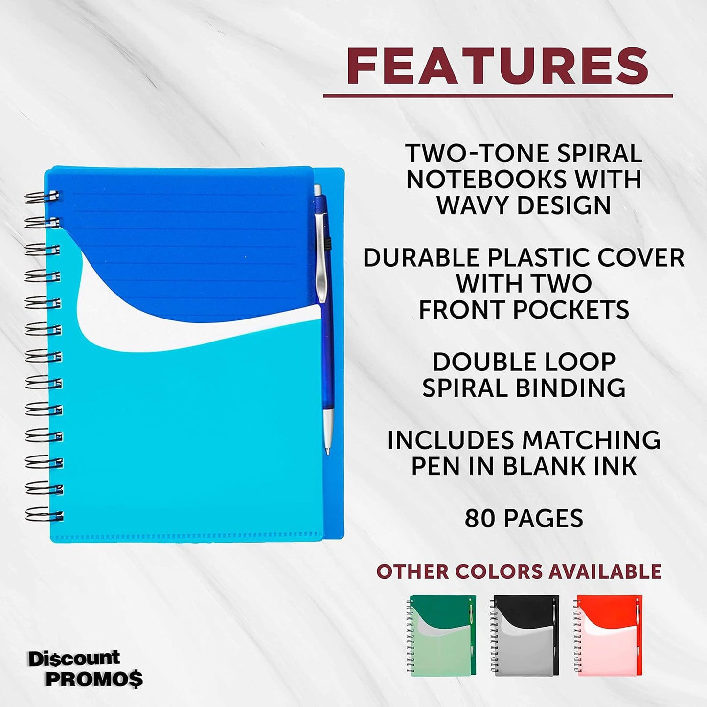 DISCOUNT PROMOS Spiral Notebooks with Front Pocket Set of 10, Bulk Pack - Durable Plastic Cover, Includes Matching Pen in Blank Ink, Perfect for School, Office, Home - Blue