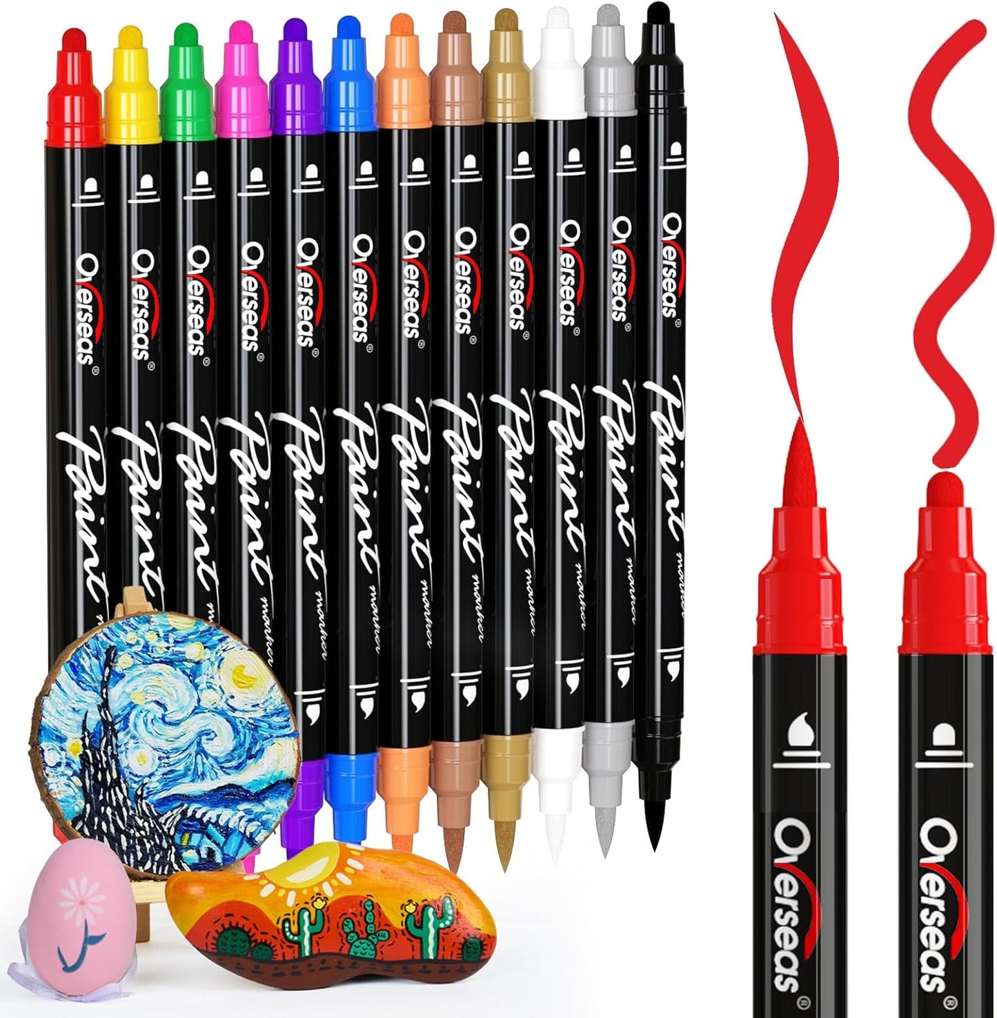 Overseas 12 Dual-Tip Acrylic Paint Markers Pens - Acrylic Paint Pens with Brush and Dot Tip, No Bleeding Coloring Marker for Wood, Rock, Glass, Metal, Ceramic, Plastic, Fabric, Teacher Supplies