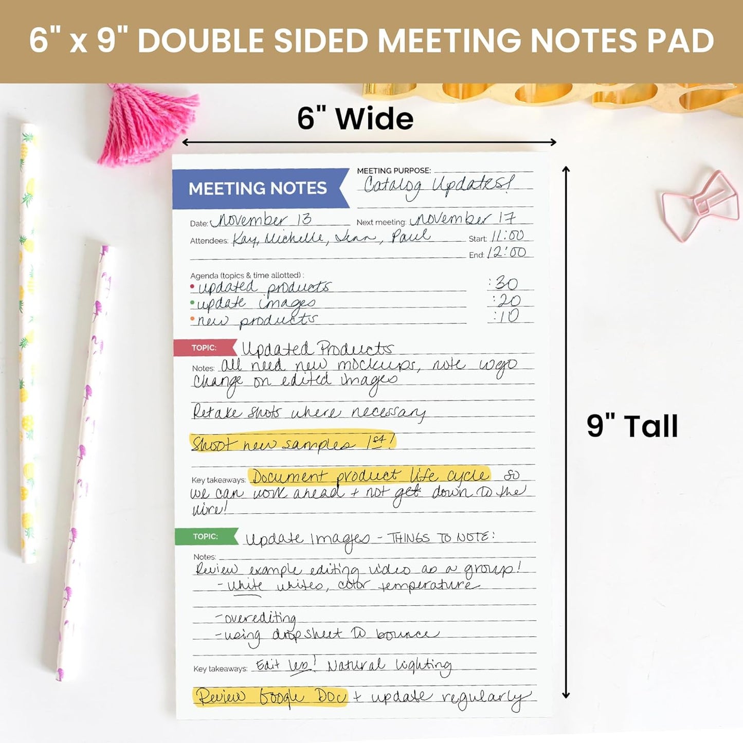 bloom daily planners 6" x 9" Double Sided Meeting Notes Planning Pad for Work Organization - Topics, Takeaways, Action Items & Follow-Ups - Undated Meeting Agenda Notepad