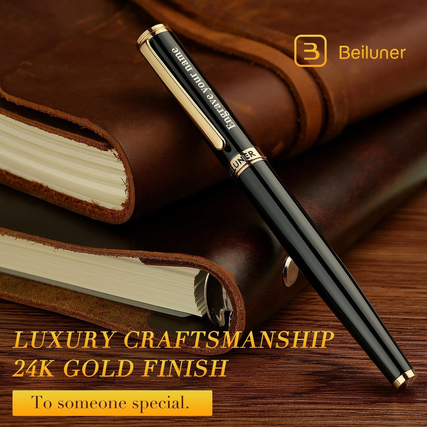 BEILUNER Silver Chrome Fountain Pen,Stunning Luxury Pens with 24K Gold Accents, Gorgeous 24K Gilded Nib(Fine) (Fine Nib,Black with Gold (Personalized))