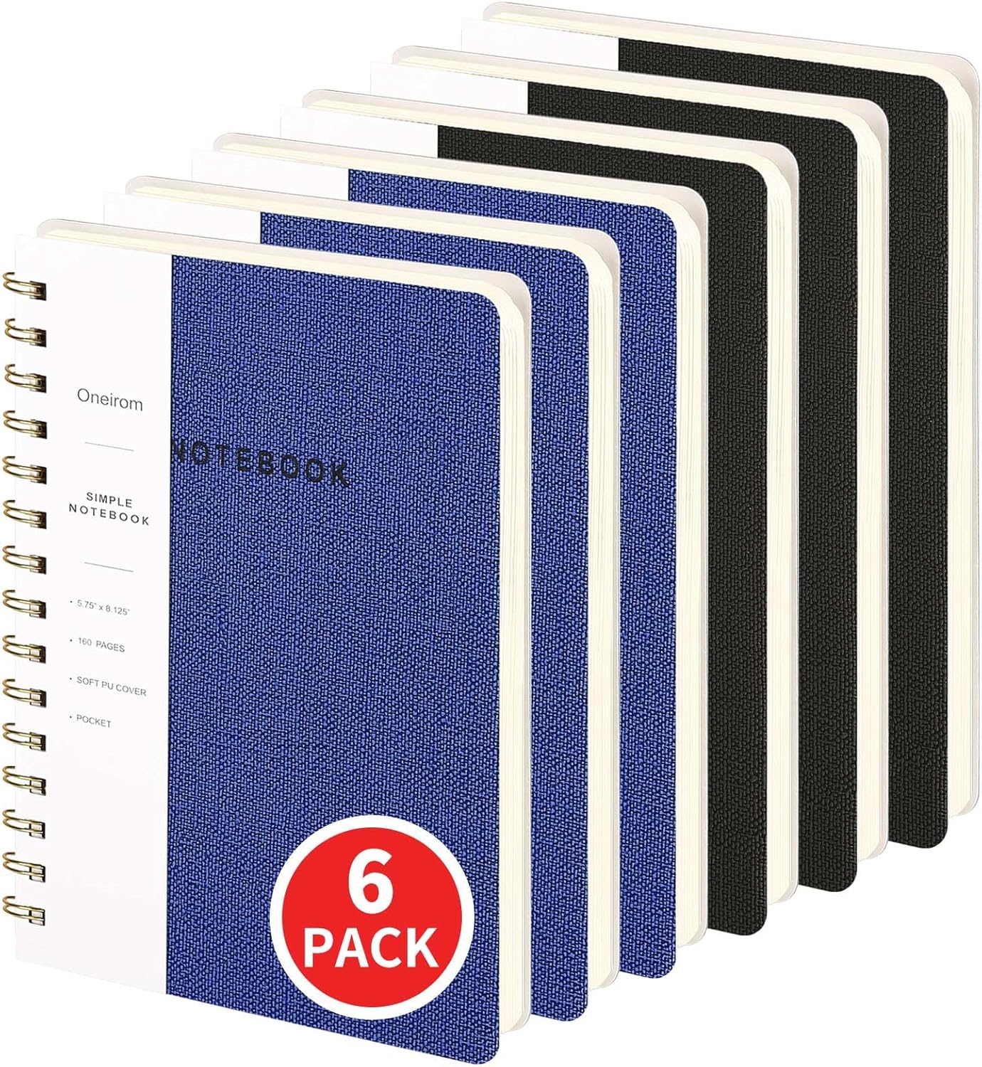 Lined Spiral Notebook College Ruled A5 Journal Book for Note Taking, 160 Pages Writing Journal for Office and Home School Supplies 5.75 x 8.125 inch (6pack-3Black/3NavyBlue)