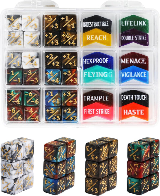 48PCS 12mm MTG Dice Counters & Tokens for Magic The Gatering, MTG Abilities Keyword Buff Tokens Plus 1 Life Counters Loyalty Dice, Compatible with TCG CCG Magic Card Gaming Accessories