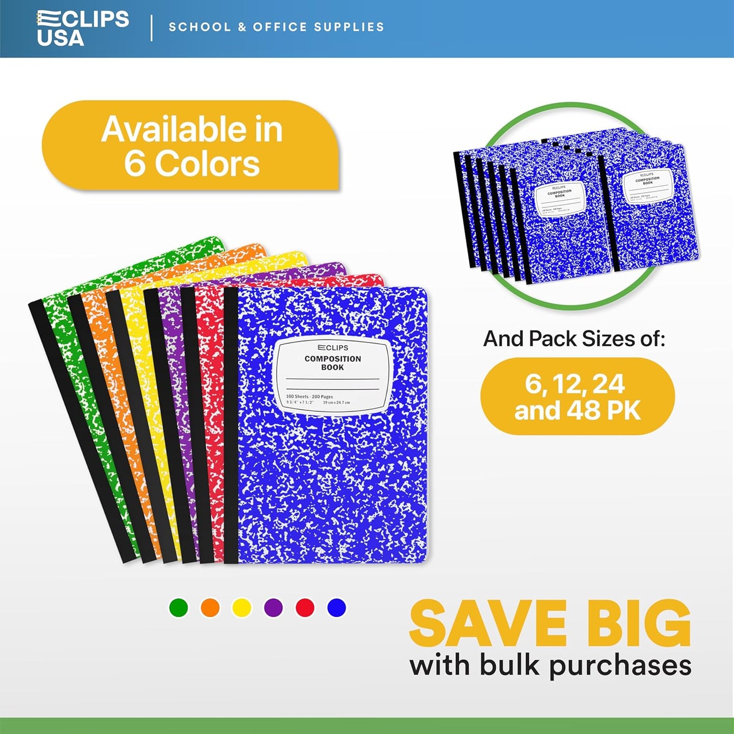 E-CLIPS USA Composition Notebooks, (24 Pack), Wide Ruled Composition Notebook, Marble Composition Notebook, 100 sheets, 200 Pages (24, Blue)