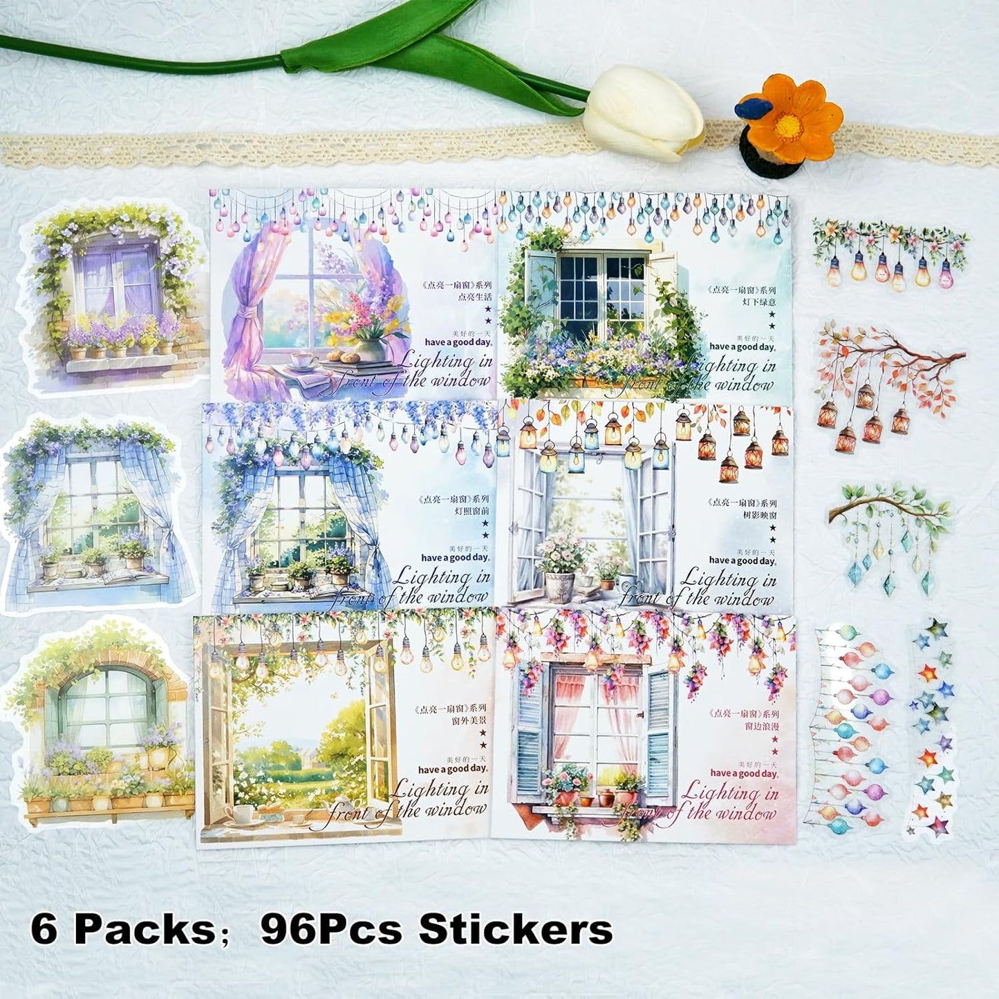 Romantic Window PET Stickers, 96pcs Dreamy Floral and String Light Decorative Sticker for Scrapbooking, Journaling, DIY Crafts, Planner Supplies