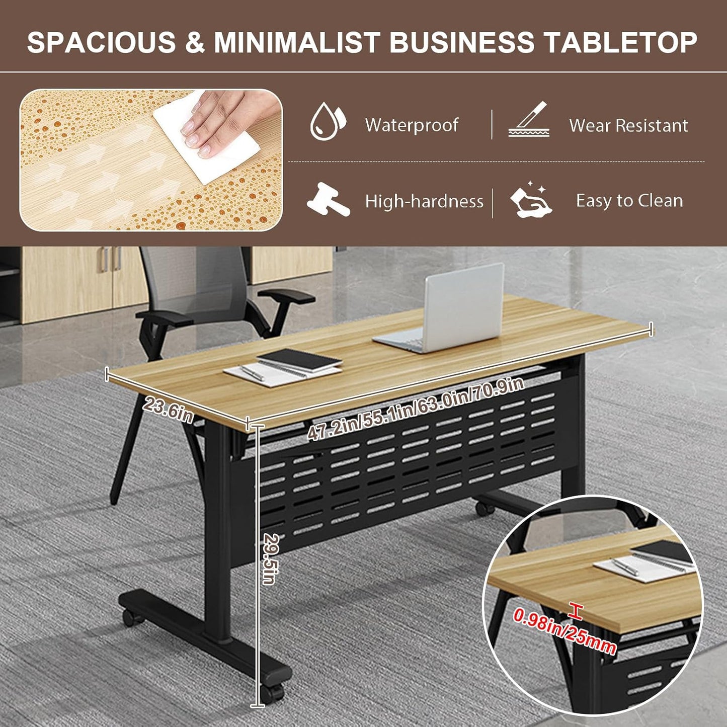 Folding Conference Room Table, Modern Conference Tables with Wheels, Large Rectangular Mobile Training Tables for Office Classroom, Foldable Modular Boardroom Seminar Table Maple (10pack L47.2in)