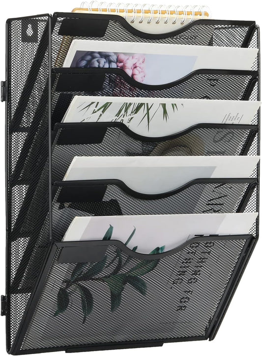 EasyPAG Wall File Holder Organizer 5 Pocket Mesh Hanging Wall Mounted Document Paper Folder Filing Magazine Rack with Nametag Label for Office Home School, Black