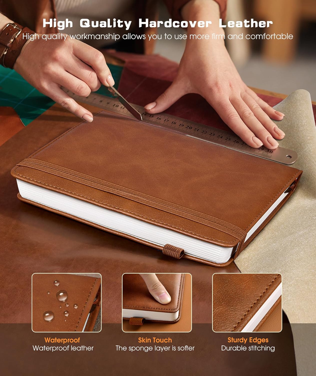 Lined Journal Notebook for Women Men, 256 Numbered Pages Hardcover Leather Journals for Writing, A5 Journaling Notebooks, College Ruled Journal for Business Work School 5.75" x 8.38" Light Brown