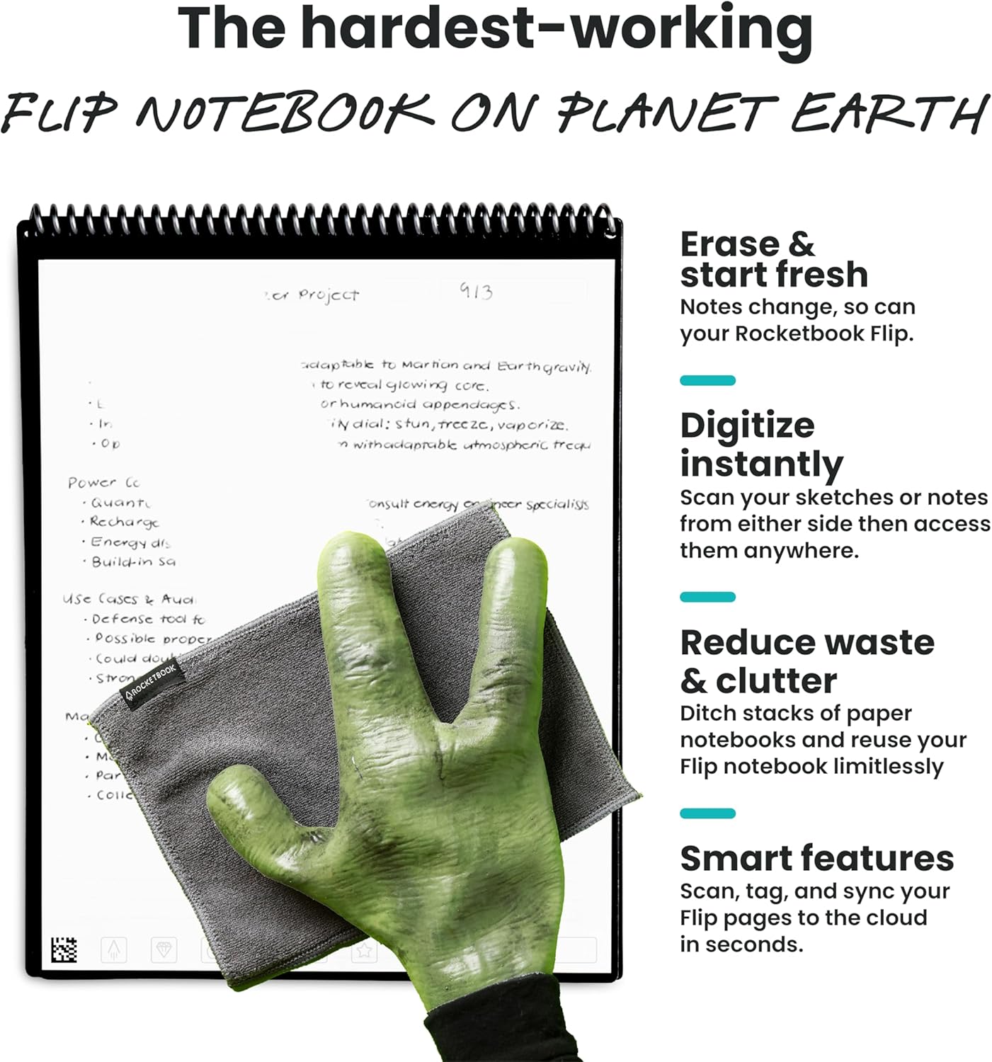 Rocketbook Flip Reusable Smart Notepad, Top Bound Notebook Executive Size 6x8.8, Black - Lined and Dotted Pages, App-Connected, Erasable, Ideal for Righties and Lefties
