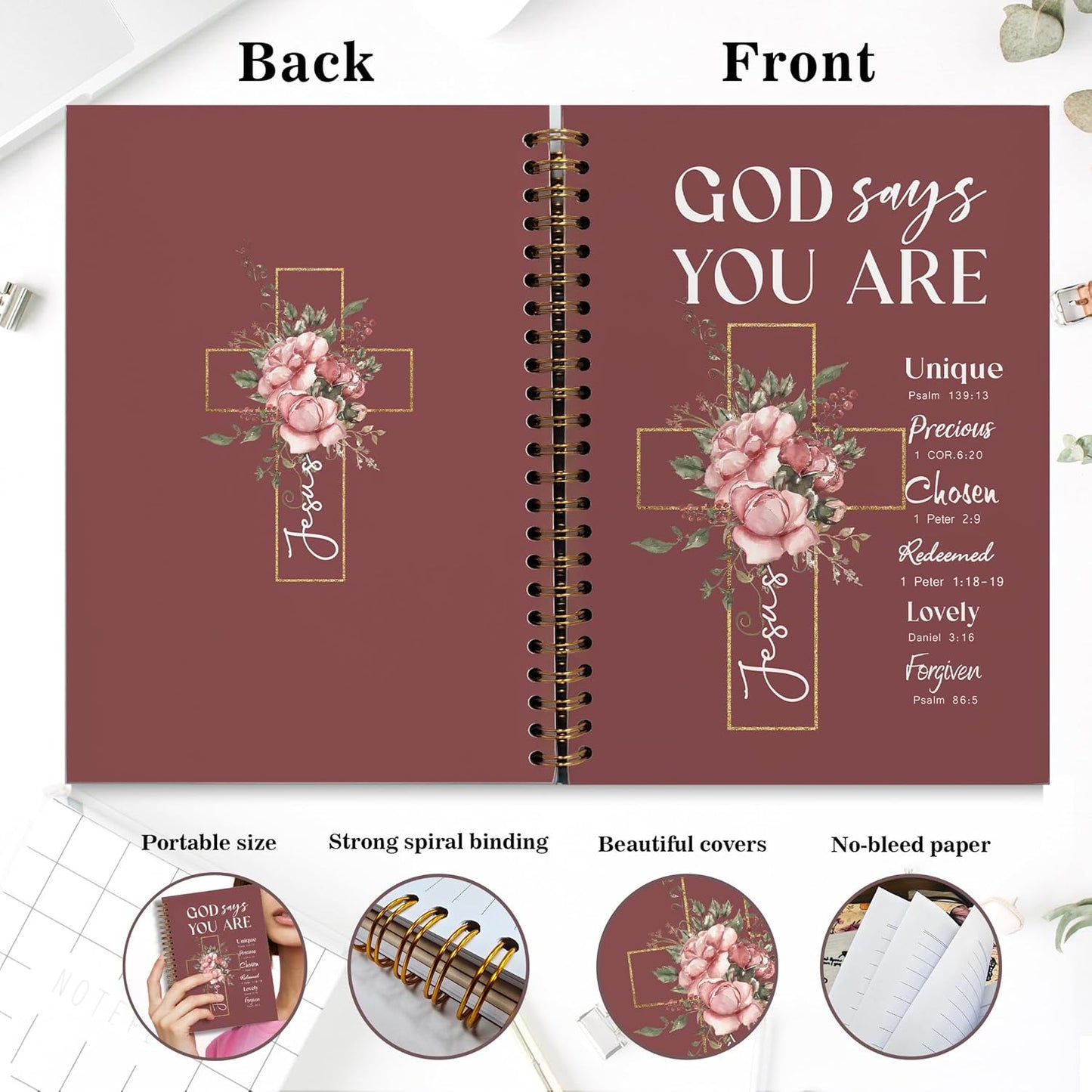 Bible Notebook, A5 Spiral Christian Journal with Floral Pink Butterfly Notebook, Bible Verse-God Says You Are, Inspirational Notebooks for Women, Bible Study, Gift for Birthday Christmas