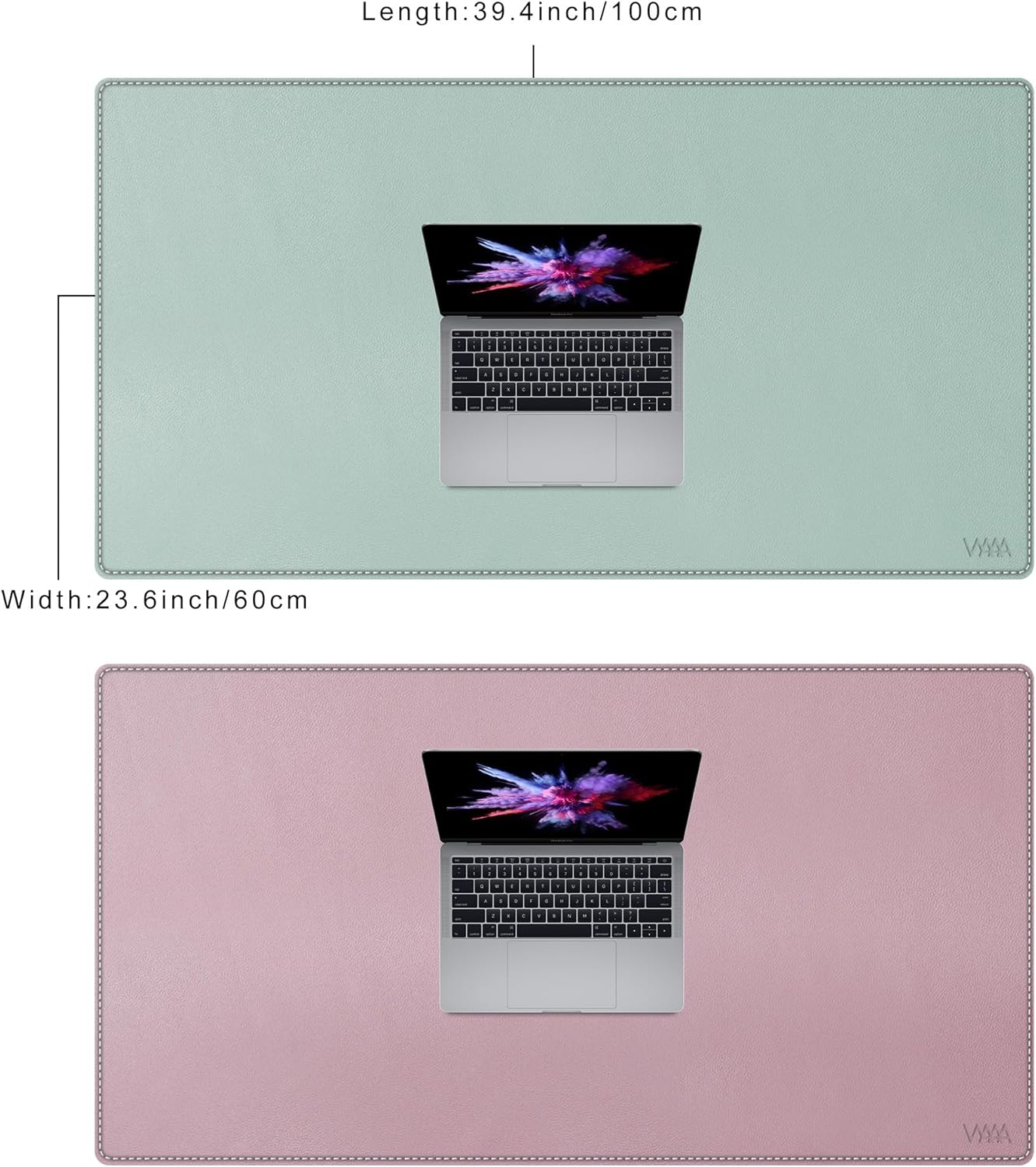 Vyaaa PU Leather Desk Mat, 39.4“ x 23.6” XXL Leather Desk Pad, Waterproof Extra Large Desk Mat, Large Mouse Pad, Desk Mats on top of Desks for Home or Office (Pink & Green)