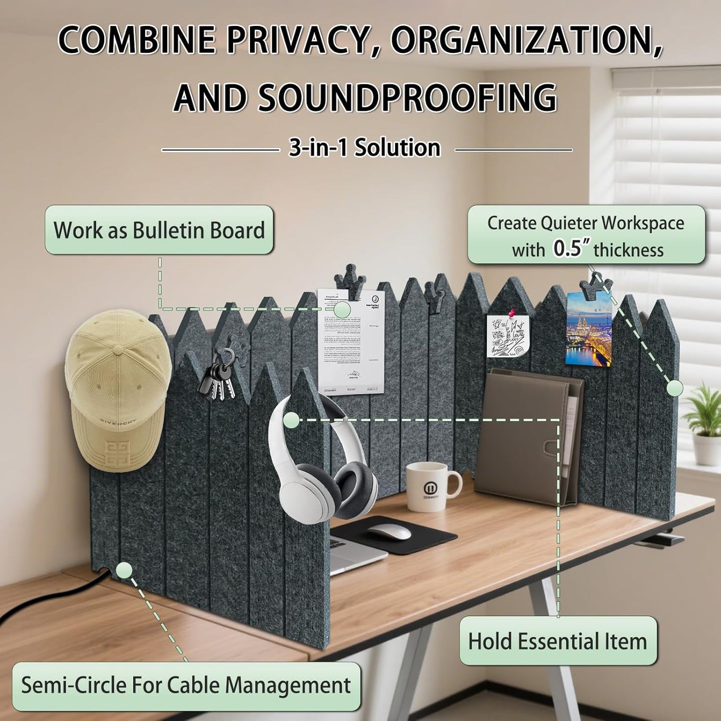 BXI Foldable Felt Desk Divider, 16.5 x 86 Inches Non-Tip Privacy Panel Partition, Versatile Cubicle Shield with Clips for Hanging Notes & Items, Acoustic Table Screen for Office Home Classroom