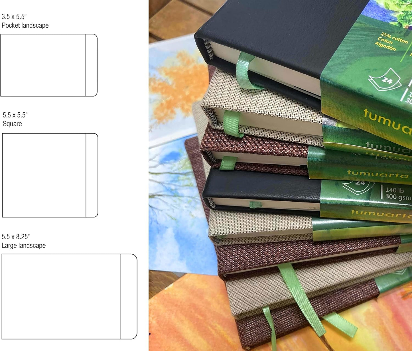 tumuarta Square Watercolor Journal, 5.5x5.5”, 140 LB, 300 GSM, Cotton Paper, Cold Press, 24 Sheets, 48 Pages, Watercolor Paper Notebooks for Use As Travel Sketchbooks Mixed Media Pad On The Go…