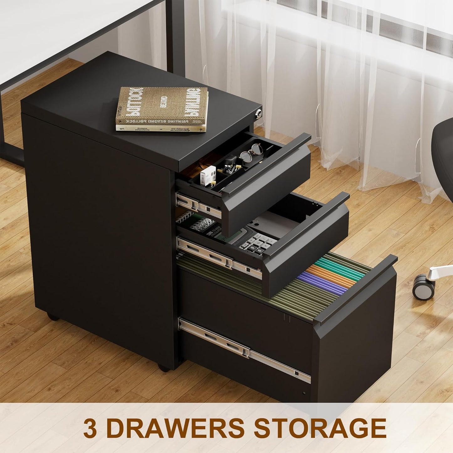 Metal Mobile File Cabinet with Lock and 4 Keys - Fully Assembled, Under Office Desk 3 Drawers Filing Cabinet for Home Office with Anti-tilt Wheels, A4/Legal/Letter Hanging File Drawers