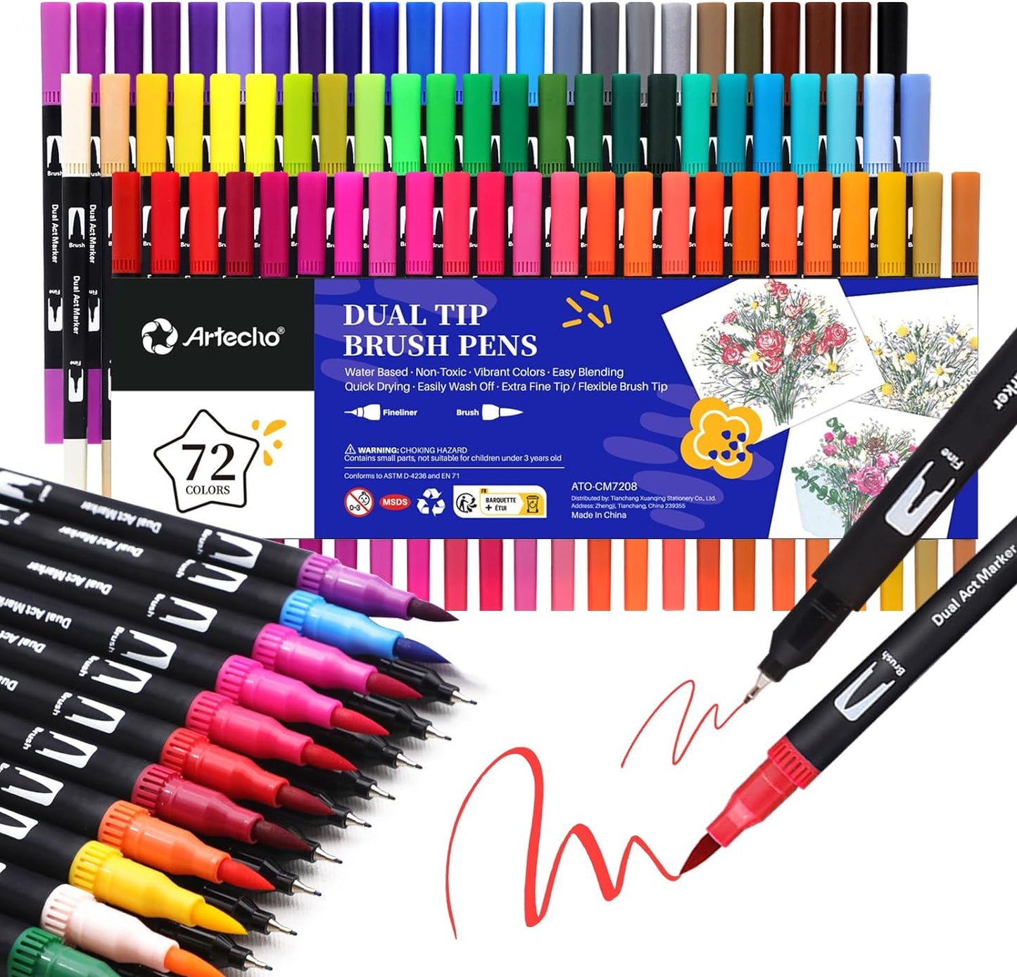 Artecho 72 Colors Markers for Adult Coloring Books No Bleeding, Dual Tip Markers for School, Fine and Brush Tip for Adults Coloring Books, Calligraphy, Drawing, Sketching