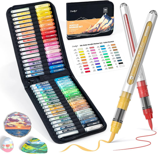 JusArt 36 Colors Acrylic Paint Markers with Canvas Bag, School Water-Based No-Bleed Paint Pens with Automatic Ink Control, Waterproof Brush Tip Markers for Rock, Egg, Wood, Fabric, Glass, DIY Crafts