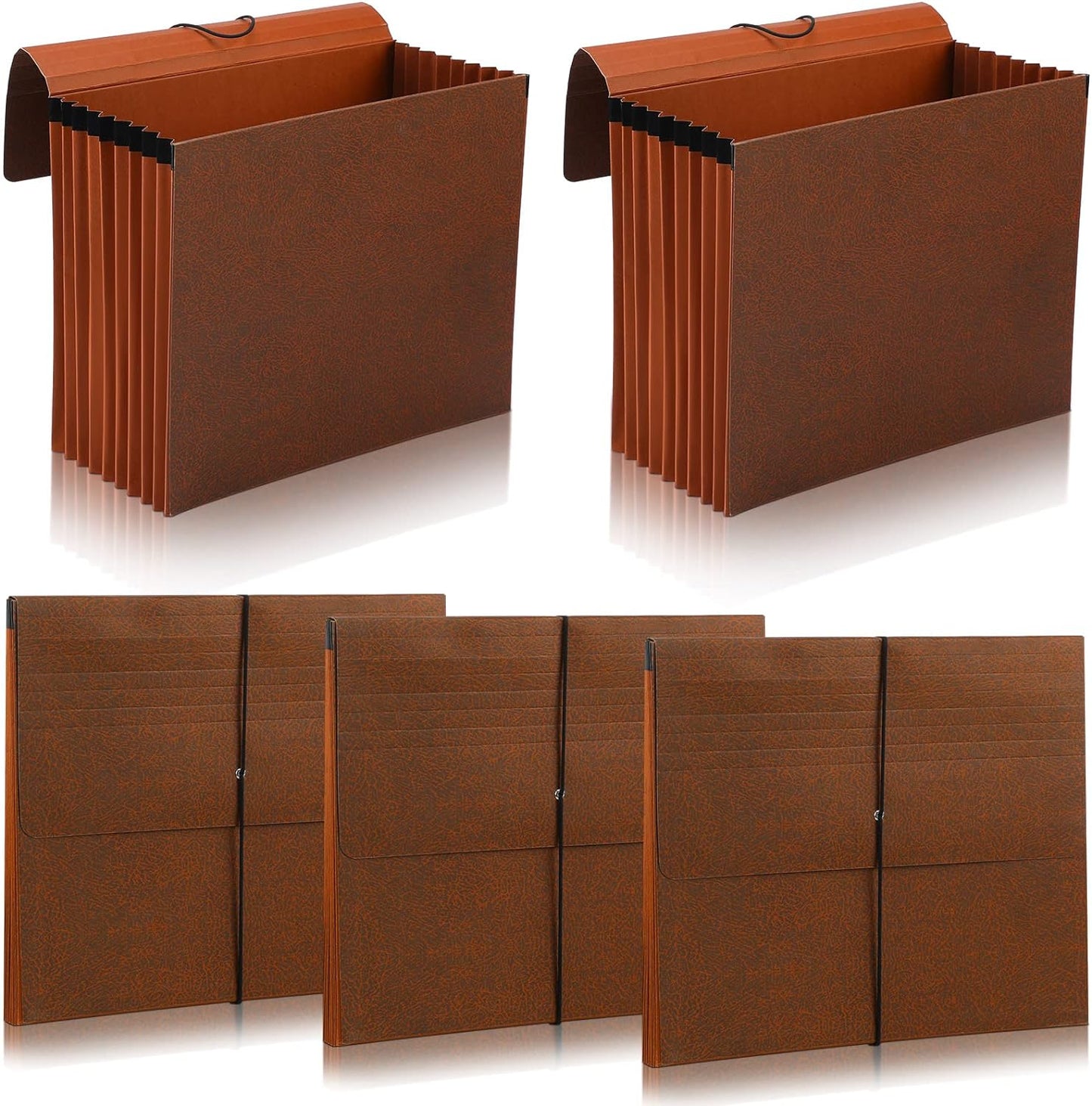 PerKoop 5 Pcs Expanding File Folder with Flap 7 Inch Expansion Expanding File Wallet with Elastic Cord Closure Letter Size Heavy Duty Document Organizer, 10 Slots, Brown