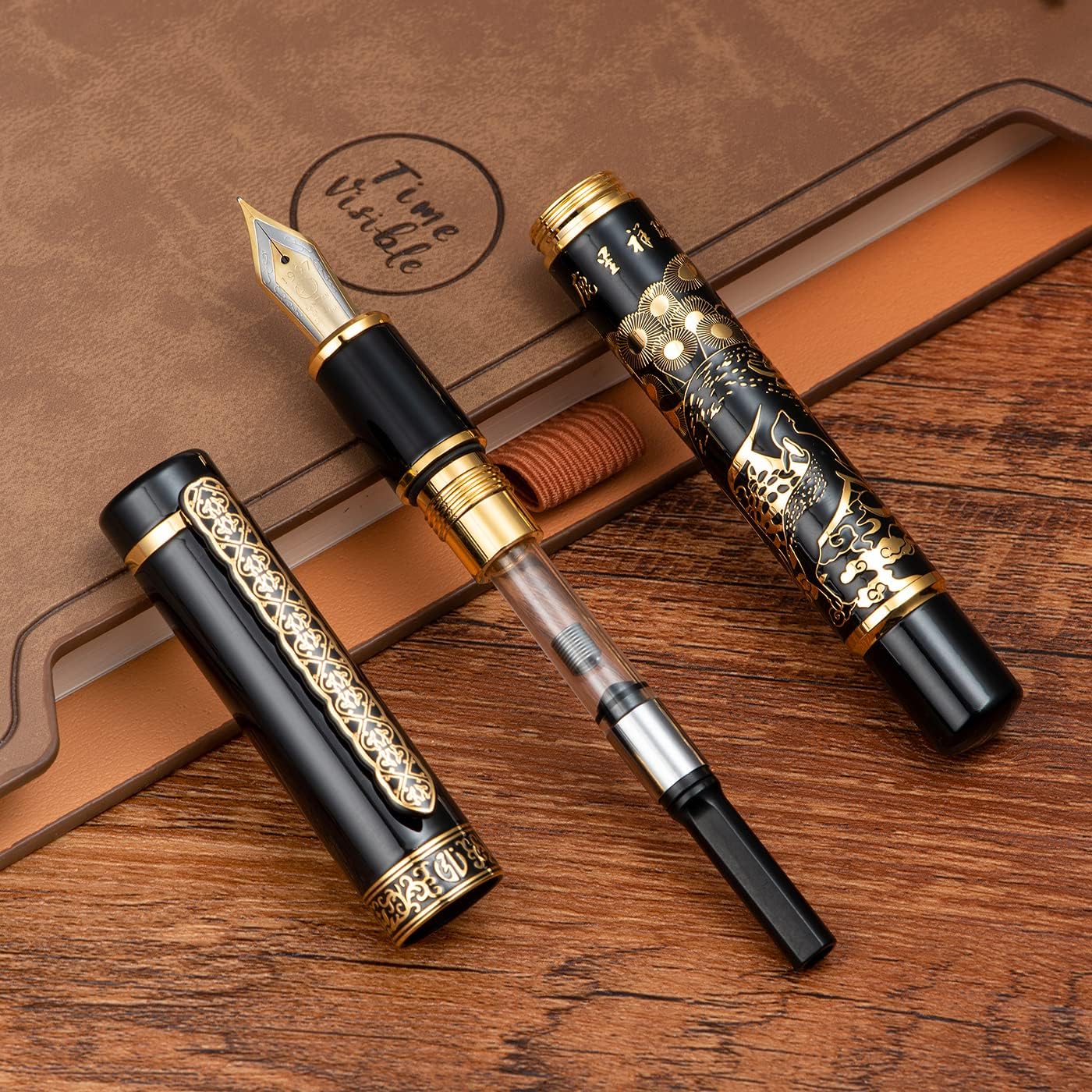 Hongdian 8037 Chinese Classical Fountain Pen, Iridum Fine Gold Nib with Chinese Deer Totem Design, Smooth Writing Pen with Ink Converter and Metal Pen Box Set