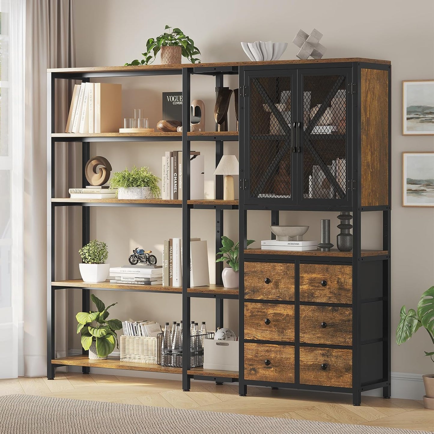 Corner Bookshelf, 5 Tier Industrial Convertible Bookshelf with 6 Fabric Drawers, Corner Bookcase Large L Shaped Storage Display Shelf for Home Office, Living Room, Kitchen, Rustic Brown