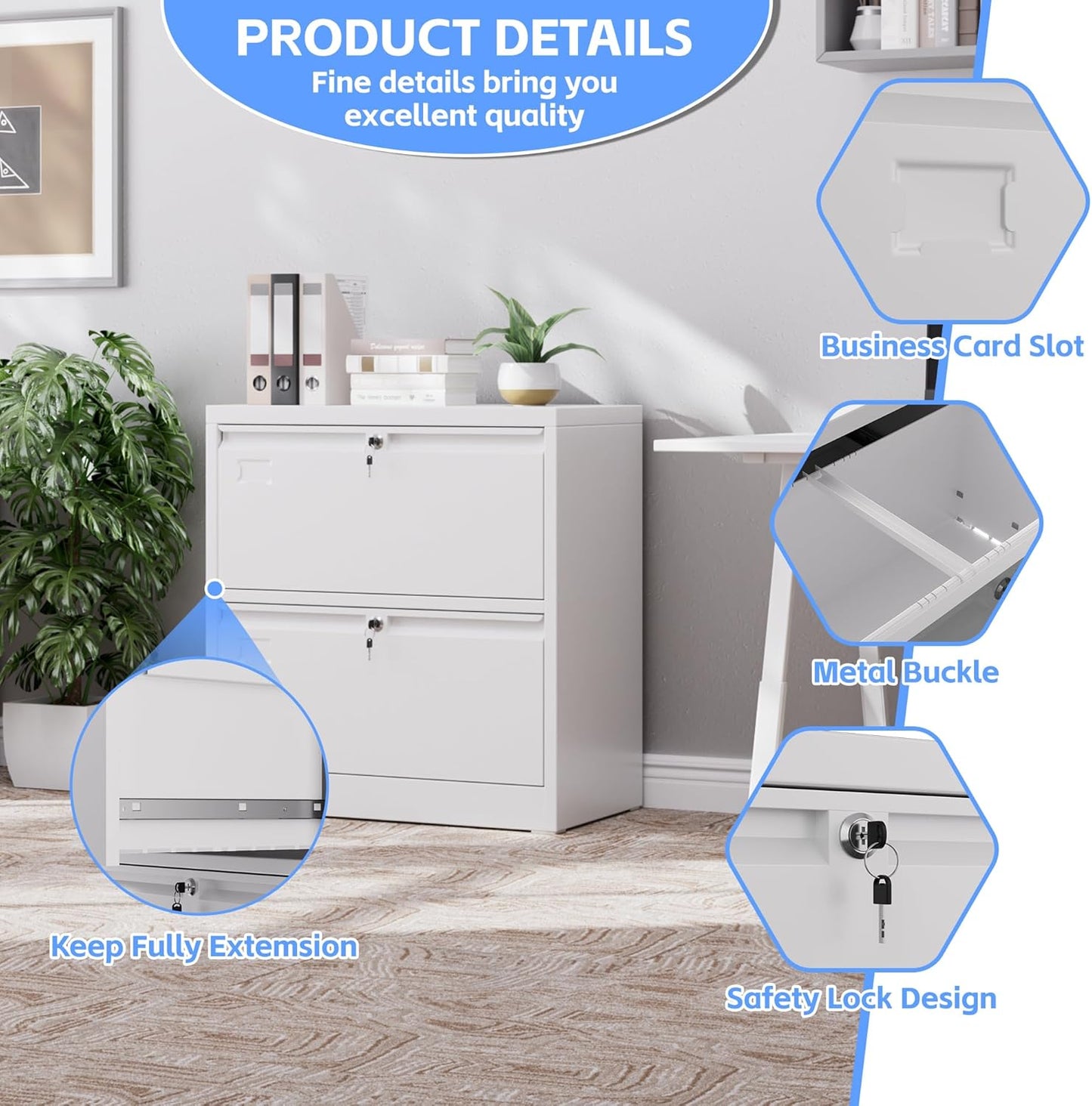 Metal 2 Drawer Lateral File Cabinet with 2 Lock - Wide Filing Cabinet for Letter/Legal/F4/A4 Hanging Files - Includes Business Card Holder,Home Office School Storage,White