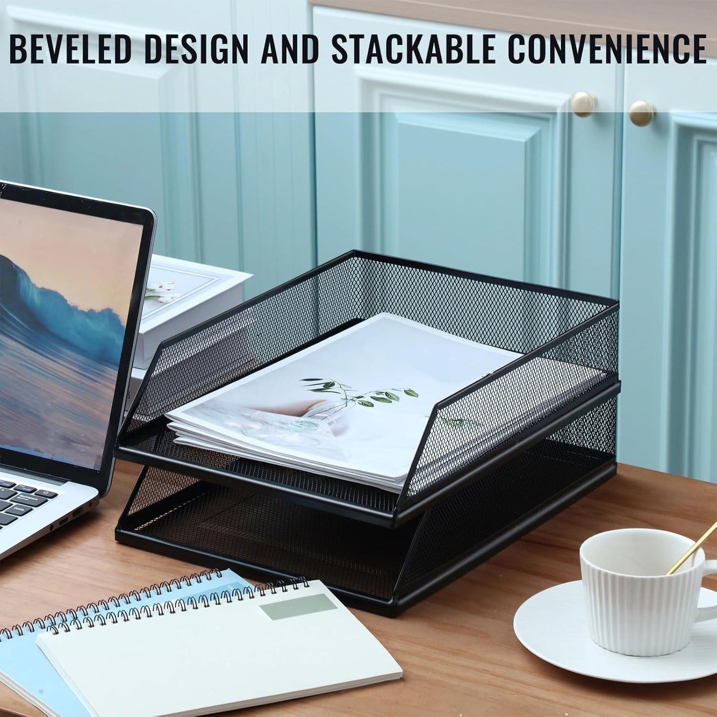 Hicarer 4 Pcs Black Metal Letter Tray Stackable Desk Tray Single Wire Mesh Organizer Front Load File Paper Holder for Desktop Office Home School Classroom (12.8 x 9.84 Inch)