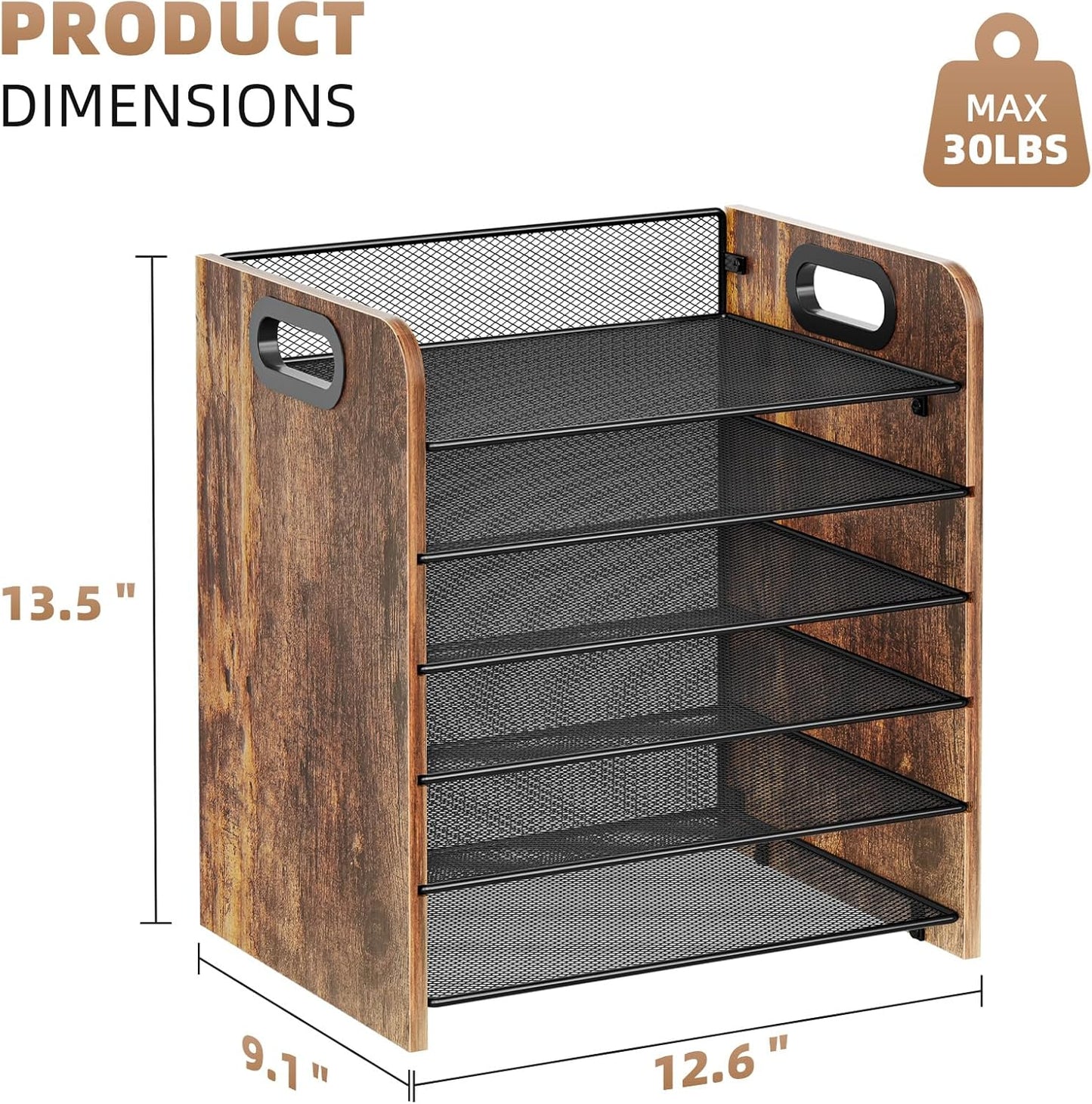 Marbrasse 6 Tier Paper Organizer Letter Tray - Wooden Desk File Organizer with Handle, Paper Sorter Organizer for Letter/A4 Office File Folder Holder