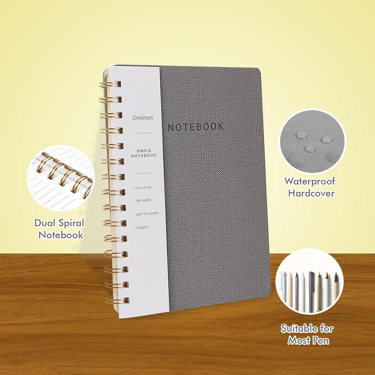 Lined Spiral Notebook College Ruled A5 Journal Book for Note Taking, 160 Pages Writing Journal for Office and Home School Supplies 5.75x8.125 inch (3pack-ReefBlue/Grey/Black)