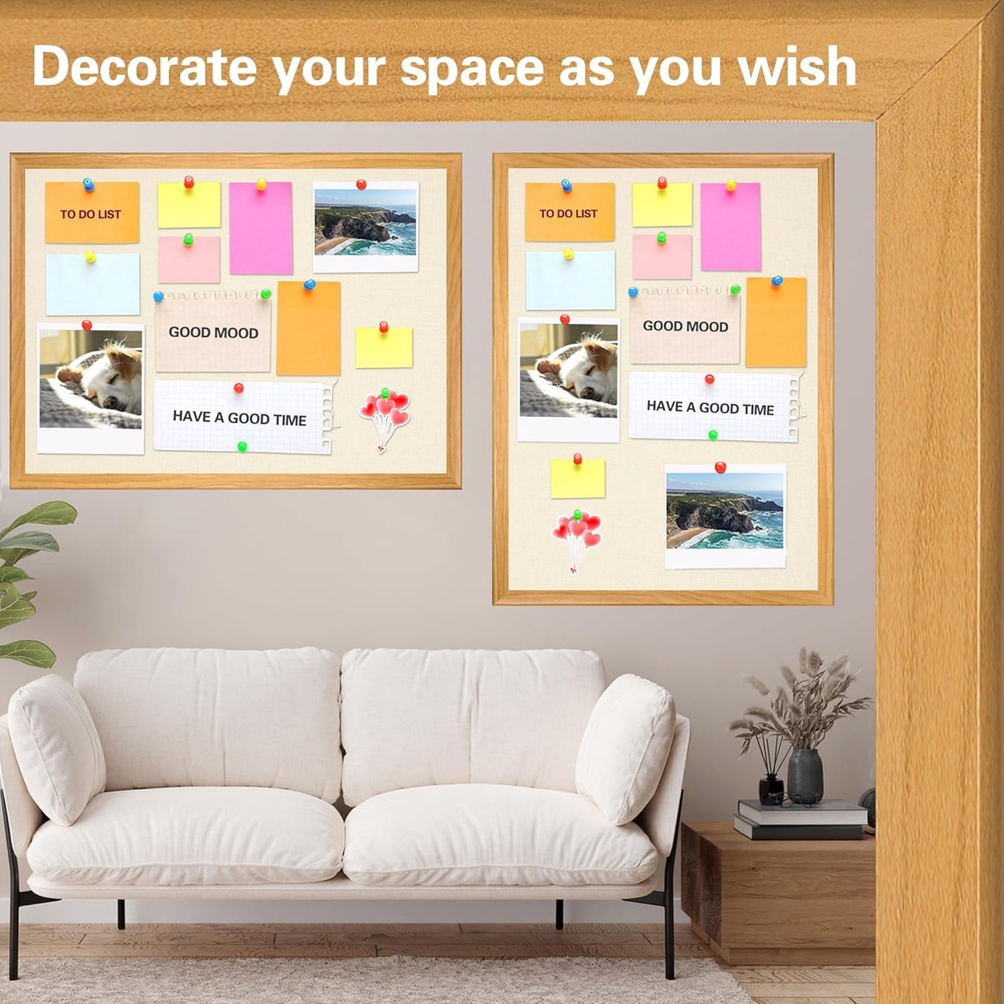 SHANTRA 36 x 24 Inch Bulletin Board with Beige Fabric, Wood Framed Canvas Cork Board, Corkboard for Walls with 10 Pins, Decorative Vision Board, Wall Mounted Notice Board for Home, Office, School