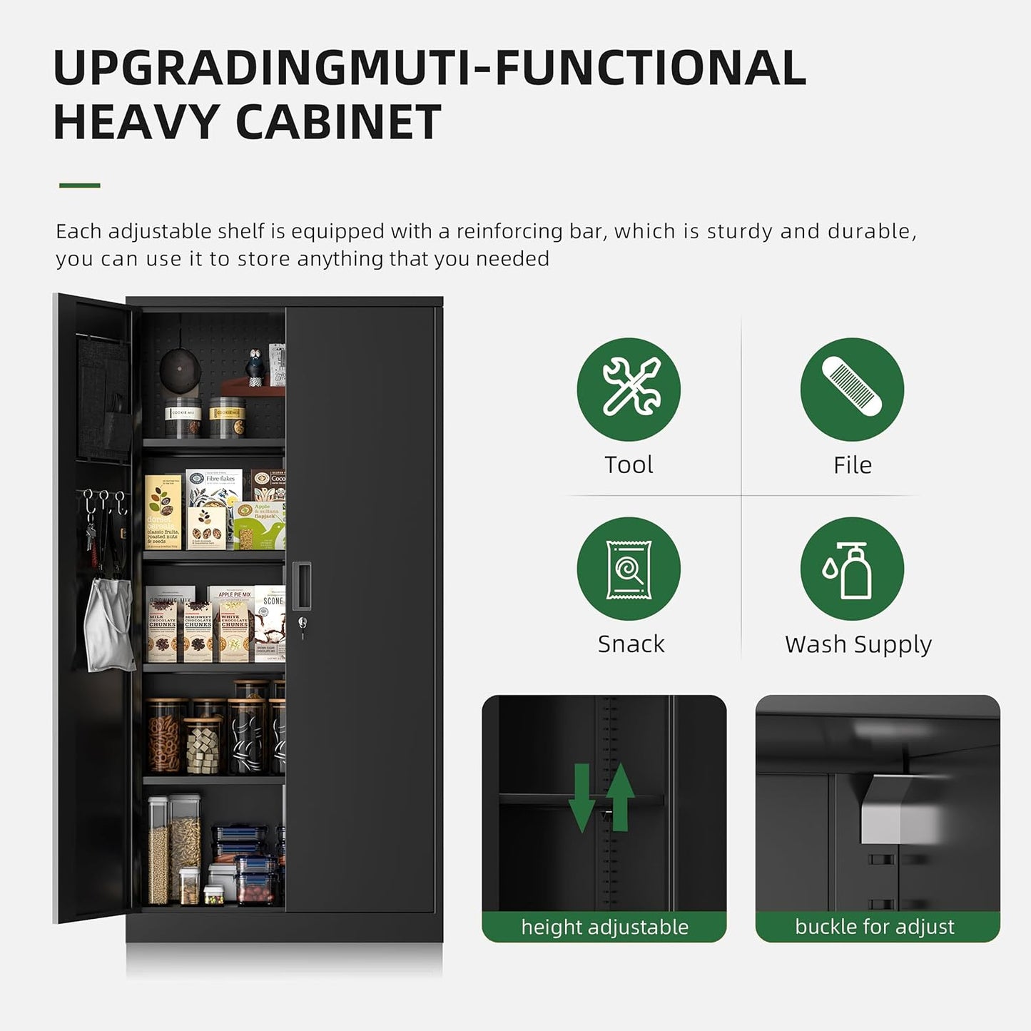 Greenvelly Storage Cabinet with Pegboard,72" Black Garage Steel Locking Cabinet with Doors and 4 Adjustable Shelves,Metal Garage Cabinet for Home Office,Pantry,School(36" Wx18 D)