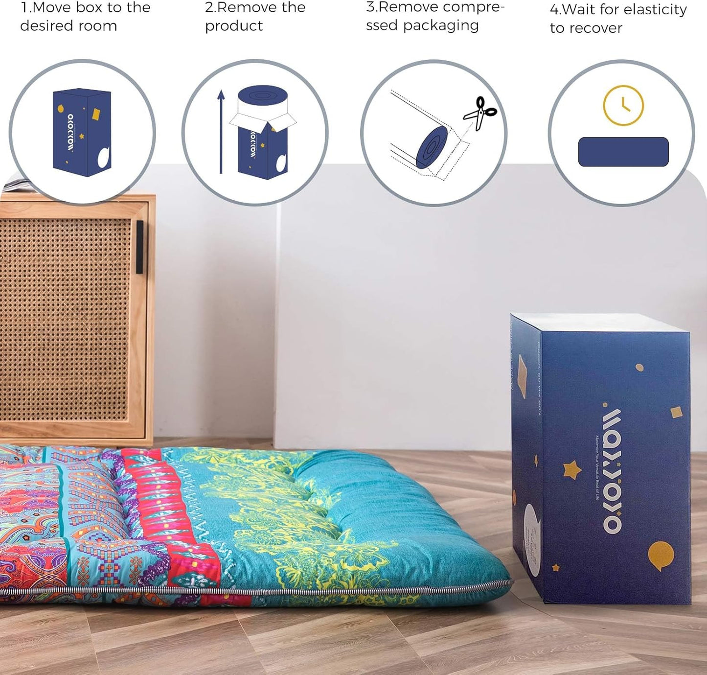 MAXYOYO Bohemian Futon Floor Mattress Boho Floral Style Japanese Tatami Mat Foldable Bed Portable Camping Sleeping Pad Lounger Couch Bed, Queen