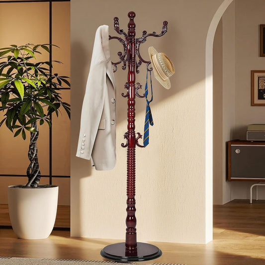 Solid Wood Coat Rack Stand with 18 Hooks, Vintage Coat Rack Freestanding with Heavy Duty Base, 3 Adjustable Height Coat Hanger Stand Hall Tree Fits Entryway Bedroom Office for Coat,Bag,Hat