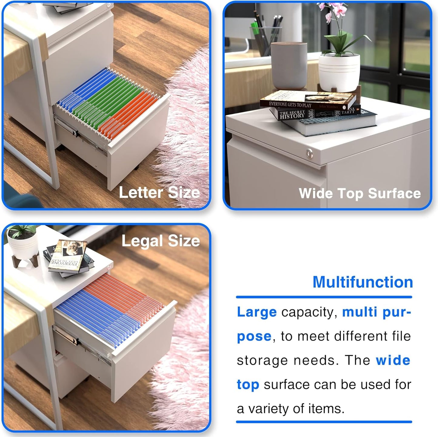 Aobabo 2 Drawer File Cabinet with Lock,Metal Filing Cabinet with Wheels for Home Office & Business Enterprise, Legal/Letter Size, Fully Assembled Except Wheels, White