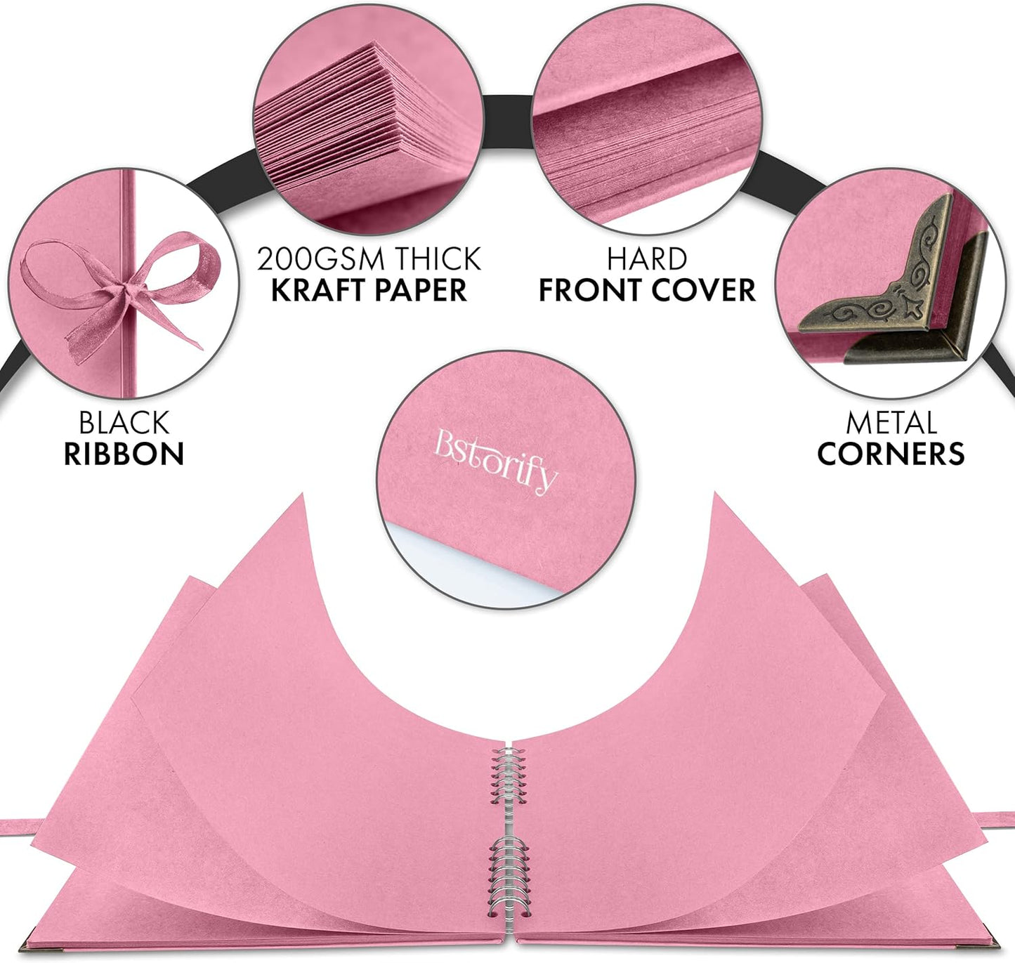 Bstorify 10 x 10 Inches Scrapbook Album 70 Pages Pink Thick Kraft Paper Corner Protectors, Ribbon Closure - Ideal for Your Scrapbooking, Art & Craft Projects (Pink, 10 x 10 Inch)